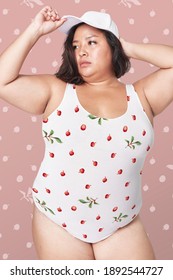 Asian Plus Size Woman In Swimming Suit With Floral Pattern, Remix From Artworks By Megata Morikaga