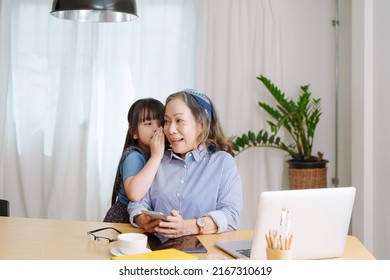 Asian Portrait, Grandmother And Granddaughter Doing Leisure With Little Children Whispering Secrets Between Each Other