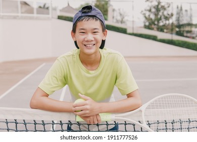 Asian Preteen Tween Boy Playing Tennis,  Healthy Young Teen Athletes Training, Active Well Being Concept
