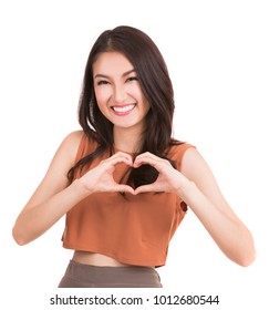 Asian pretty girl and hand with heart symbol on whitr islated background, this immage can use for valentine, valentines day, love, holiday and lady beauty concept