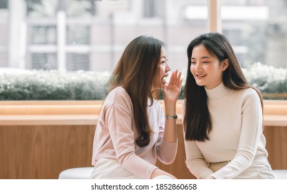 Asian Pretty Woman Chat And Gossip Someone With Her Friend In Coffee Shop In Winter Season. Lifestyle Concept.
