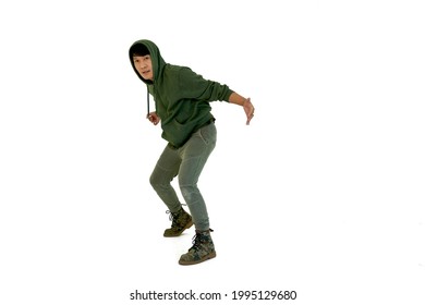 Asian Professional Dancer Man Is Hiphop And Break Dancing Action Isolataed On White Background In Studio