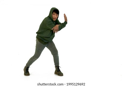 Asian Professional Dancer Man Is Hiphop And Break Dancing Action Isolataed On White Background