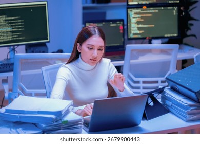 Asian programmer leverages generative AI assistance for deep learning and data driven analysis, optimizing a scalable, cloud native workflow in their modern, hyper automated smart office