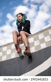 Asian Punk Girl Green Hair Pony Tails Leather Jacket