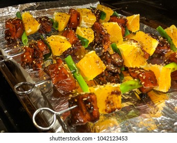 Asian Salmon Kabobs Prepped And Waiting For The Oven.