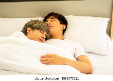 Asian Same Sex LGBTQ Couple Lovers Lying On The Bed Together