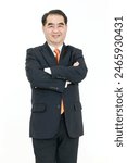 Asian senior businessman, an old man with black suit orange necktie, feel happy, smiling, good health isolated on white background. Concept for senior business successful professional.