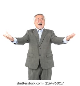 Asian Senior Businessman , Old Man With Suit Cheerful Smiling Man With Open Arms Greeted Him In A Friendly And Confident - Concept For Senior Business Success