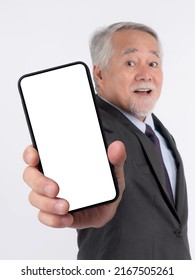 Asian Senior Businessman , Old Man With Suit Feel Happy Showing Big Smart Phone With Blank Screen , White Screen Isolated On White Background - Smart Phone Empty Display Mock Up Image