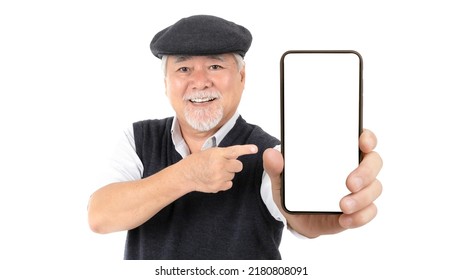 Asian Senior Businessman , Old Man With Suit Feel Happy Showing Big Smart Phone With Blank Screen , White Screen Isolated On White Background - Smart Phone Empty Display Mock Up Image