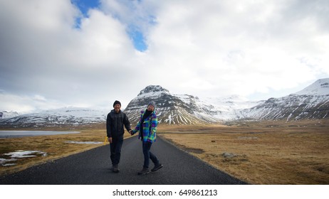 Asian Senior Couple Abstract Together Forever Love. Retirement Trip To Iceland Financial Free Without Worry