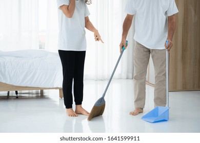 Asian Senior Couple Cleaning Bedroom Floor. Retirement And Healthy Elderly Concept.