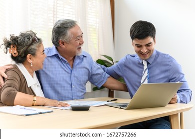 Asian senior couple feeling happy and pleasant after received advice about family financial planning from professional financial planner staff at home.