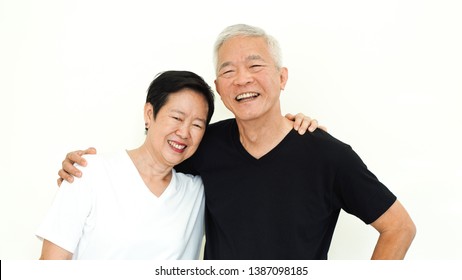 Asian Senior Couple Happy Together Expression On White Background