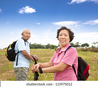 Asian Senior Couple Hiking In Countryside