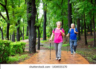 Asian Senior Couple Hiking On The Forest Park