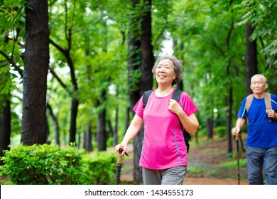 Asian Senior Couple Hiking On The Forest Park