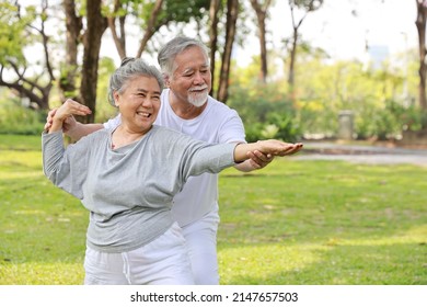 Asian Senior Couple Practice Yoga Excercise, Tai Chi Tranining, Stretching And Meditation Together With Relaxation For Healthy In Park Outdoor After Retirement. Happy Elderly Outdoor Lifestyle Concept