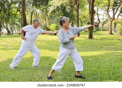 Asian senior couple practice yoga excercise, tai chi tranining, stretching and meditation together with relaxation for healthy in park outdoor after retirement. Happy elderly outdoor lifestyle concept - Shutterstock ID 2190830747