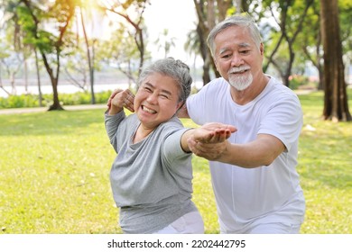 Asian senior couple practice yoga excercise, tai chi tranining, stretching and meditation together with relaxation for healthy in park outdoor after retirement. Happy elderly outdoor lifestyle concept - Shutterstock ID 2202442795