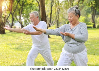 Asian senior couple practice yoga excercise, tai chi tranining, stretching and meditation together with relaxation for healthy in park outdoor after retirement. Happy elderly outdoor lifestyle concept - Powered by Shutterstock