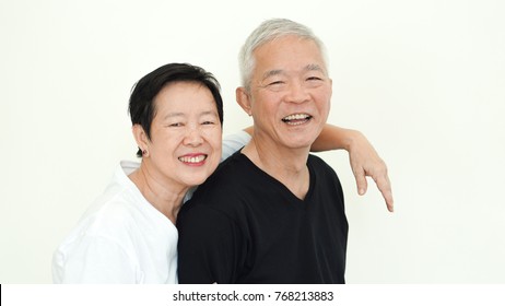 Asian Senior Couple Smile Together Life With No Worry On White Background