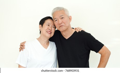 Asian Senior Couple Smile Together Life With No Worry On White Background
