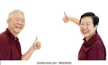 Asian Senior Elder Couple Thumb Up With White Isolate Background
