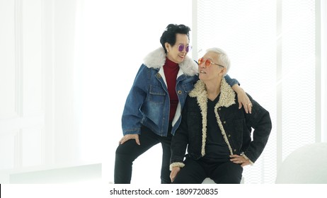 Asian Senior Elder Hipster Couple Wearing Stylish Fashion Winter Dress White Background With Copy Space