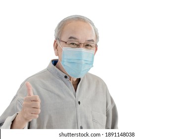 Asian Senior Elder Man With Face Mask Hand Showing Thumbs Up Isolated On White Background With Clipping Path