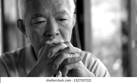 Asian Senior Elder Man Worry Stress Thinking About Life