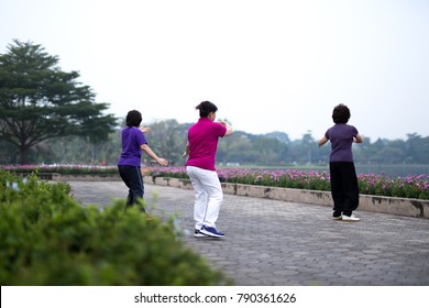 Asian Senior Elderly Practice Taichi Exercise In The Park Next To The Lake