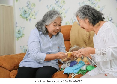 Asian Senior female friends knitting on sofa at home, Senior women knitting together in living room - Powered by Shutterstock - Get 15% off with code: PIKWIZARD15