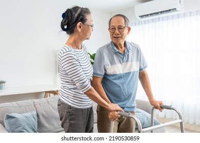 Asian Senior Man Doing Physical Therapy With Wife Helping In Morning. Attractive Elderly Old Woman Supporting Older Mature Husband Male Exercising And Practicing Walking With Walker Together At Home.