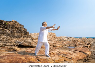 Asian senior man enjoy outdoor lifestyle travel nature on summer holiday vacation. Elderly man do relaxing exercise tai chi, yoga on mountain cliff at sunset. Wellness, health care motivation concept. - Powered by Shutterstock