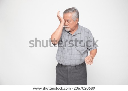 Asian senior man with eye pain isolated on white background, Diabetic Retinopathy, Pinguecula or Pterygium concept