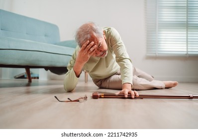 Asian Senior Man Falling On The Ground With Walker In Living Room At Home. Elderly Older Mature Male Having An Accident Headache For Emergency Help Support From Hospital. Insurance Health Care.