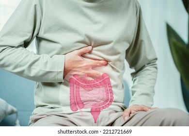 Asian Senior Man Feel Stomach Ache. Older Mature Male Touch Belly With Intestine, Probiotics Food For Gut Health, Colon Cancer, Stay At Home. Bowel Problem Health Care And Medical Insurance Concept.