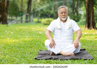 Asian Senior Man Meditating And Doing Yoga In The Park