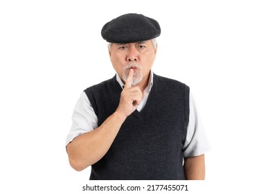 Asian Senior Man , Old Man Feel Serious Bad Mood Angry Keeps His Finger In His Mouth , Making Silence Gesture Isolated On White Background - Lifestyle Senior Male Concept