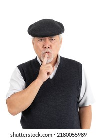 Asian Senior Man , Old Man Feel Serious Bad Mood Angry Keeps His Finger In His Mouth , Making Silence Gesture Isolated On White Background - Lifestyle Senior Male Concept