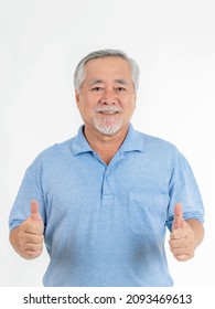 Asian Senior Man , Old Man Giving A Thumb Up Feel Happy Good Health On White Background With Copy Space - Lifestyle Senior Success In Business Or In Personal Life Concept  