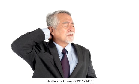 Asian Senior Man , Old Man With Suit , He Had Pain In The Nape Of His Neck Caused By Sleeping On A Pillow That Is Not Correct Posture - Senior People