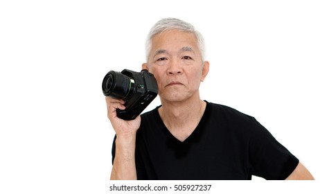 Asian Senior Man Start On Photography As Hobby On Free Time White Isolate Background