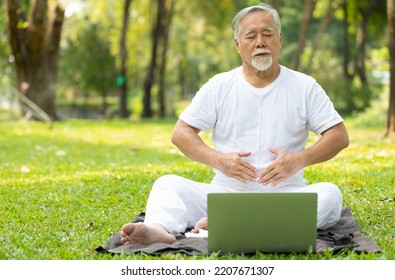 Asian Senior Man Workout And Doing Yoga With Online Training From Laptop Computer In The Park