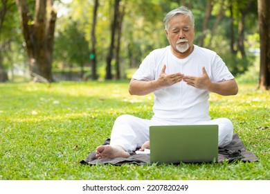 Asian Senior Man Workout And Doing Yoga With Online Training From Laptop Computer In The Park