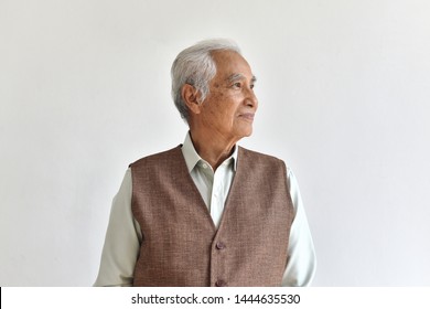 Asian Senior Old Man, Thinking And Smiling Elderly People On White Background, Positive Thinking Retiree Citizen Concept.