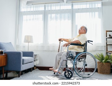 Asian Senior Old Man Walking With Walker Cane Stick In Nursing Home, Elderly Mature Man Patient, Elderly Health Care Concept.