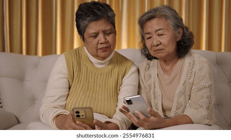 Asian senior woman consoles her distressed friend with short hair, Facial expression of stress on sofa, showing empathy and support in a moment of emotional sharing. - Powered by Shutterstock